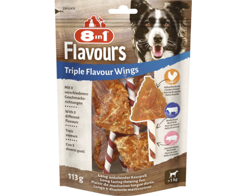Maškrta pre psov 8in1 Triple Flavour krídelko žuvacie 6 ks 8in1 Flavours Triple Flavour Wings psí maškrta s kuracím, hovädzím a bravčovým mäsom