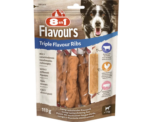 Maškrta pre psov 8in1 Triple Flavour rebierko žuvacie 6 ks 8in1 Flavours Triple Flavour Ribs psí maškrta balenie s hovädzím, kuracím a bravčovým mäsom