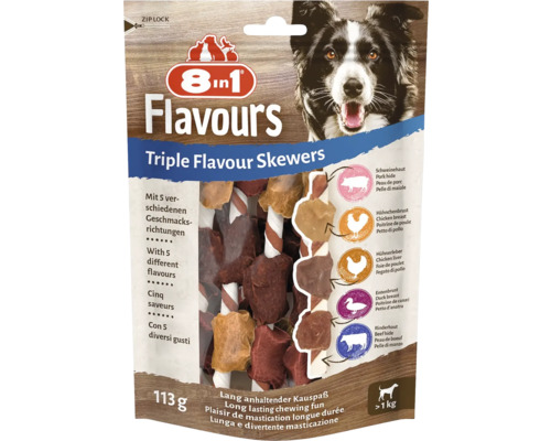 8in1 Flavours Triple Flavour Skewers pre psy, 113 gramov, s bravčovou kožou, kuracími prsiami, kuracou pečeňou, kačacími prsiami a hovädzou kožou