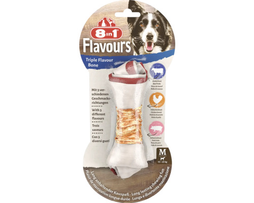 Maškrta pre psov 8in1 Triple Flavour kosť žuvacia M 8in1 Flavours Triple Flavour Bone Kosť pre psov strednej veľkosti pre psov s hmotnosťou 10 až 25 kilogramov