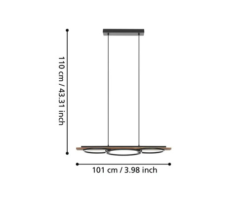 Závesné svietidlo s tromi okrúhlymi svietidlami s rozmermi 110 krát 101 centimetrov