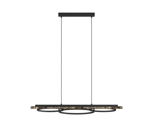 Závesná lampa s drevenými detailmi a okrúhlymi prvkami