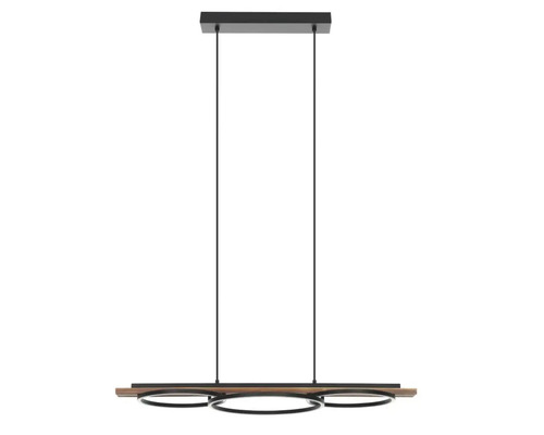 Závesné svietidlo s tromi kruhovými svietidlami na drevenej lište