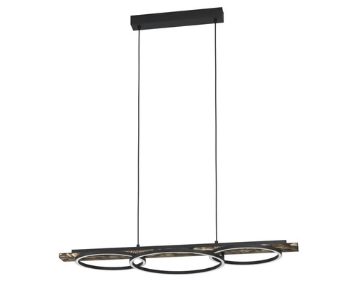 Závesné svietidlo s tromi kruhovými LED svetlami na drevenej lište