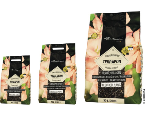 Tri vrecká substrátu pre rastliny Lechuza Terrapon pre vonkajšie rastliny v rôznych veľkostiach