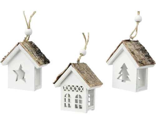 Vianočná ozdoba domček drevený 8 cm biely, rôzne druhy Tri dekoratívne drevené domčeky na zavesenie s výrezmi v tvare hviezdy, okna a vianočného stromčeka