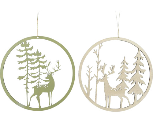 Závesná scenéria, rôzne druhy Dva okrúhle drevené prívesky s motívmi jeleňa a lesa na zavesenie
