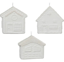 Tri keramické ozdoby na vianočný stromček v tvare domu