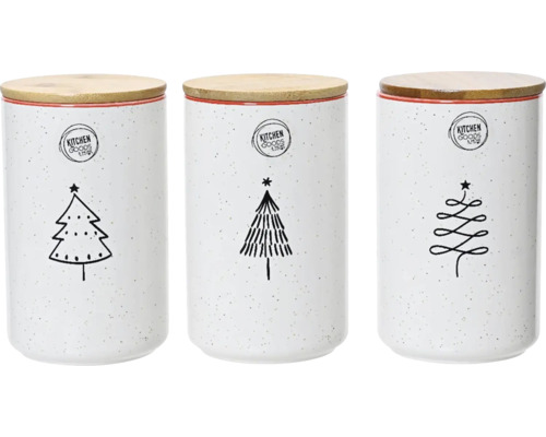 Tri keramické dózy s dreveným vekom a motívom vianočného stromčeka