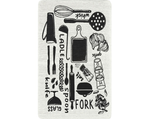 Kusový koberec Bakero Arya Neo z recyklovanej bavlny 11 white/black 75x120 cm Motív kuchynských pomôcok na textile
