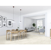 Svetlá obývacia izba s jedálenským stolom, stoličkami a dlažbou