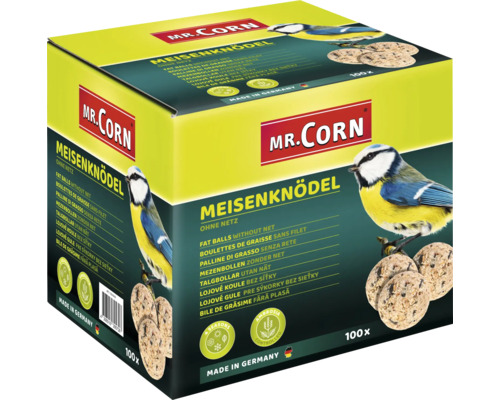 Krmivo pre vtáky Mr. Corn lojové gule 100 ks bez sieťky v kartóne na celoročné kŕmenie, Made in Germany Mr. Corn Lojové gule pre sýkorky bez sieťky, 100 kusov, v kartónovej krabici