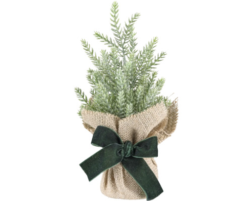 Dekoratívny umelý vianočný stromček v jutovom vreci so stuhou