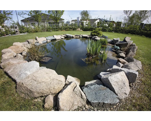 Záhradné jazierko s kameňmi a rastlinami v záhrade