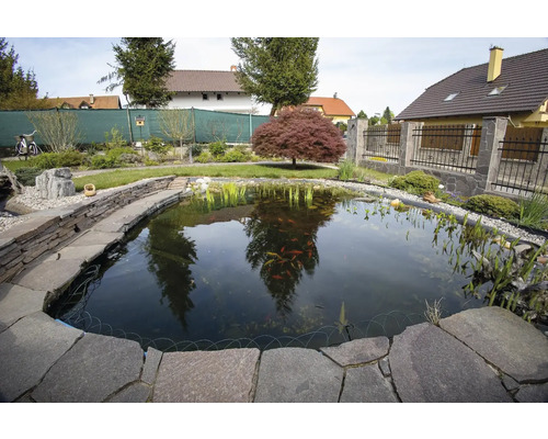 Jazierko s kamenným obrubníkom a záhradnou úpravou