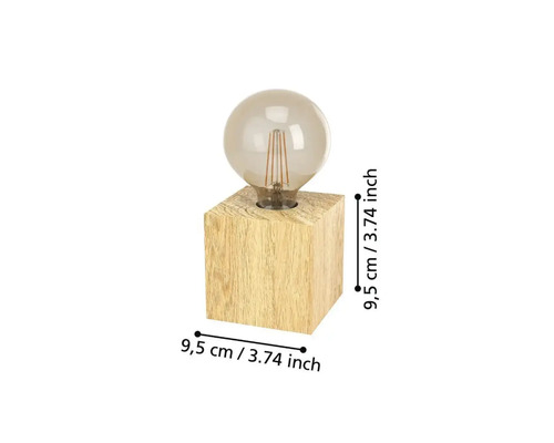 Stolná lampa s kockovou drevenou základňou a okrúhlou žiarovkou