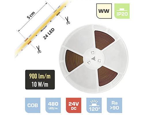 LED pásik COB FK technics 5 W 450 lm 2700 K 24 V 0,5 m, metrážový tovar LED pásik na cievke, strihateľný každých 5 cm, 900 lúmenov na meter, 10 wattov na meter, teplota farby teplá biela, stupeň krytia IP20