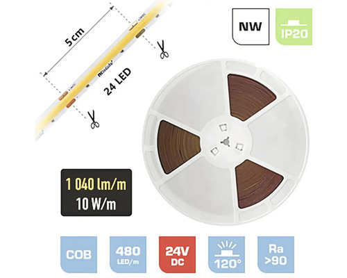 LED pásik COB FK technics 5 W 520 lm 4000 K 24 V 0,5 m, metrážový tovar LED pásik na kotúči, neutrálna biela, stupeň krytia IP20