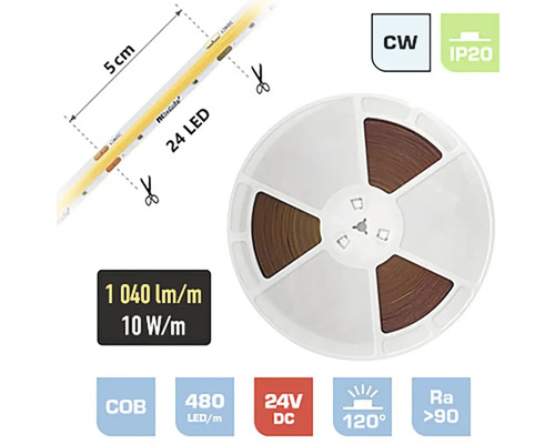 LED pásik COB FK technics 5 W, 520 lm 6500 K 24 V 0,5 m, metrážový tovar LED pás na rolke, dá sa strihať každých päť centimetrov, s uvedením svietivosti a výkonu vo wattoch, COB, údaj LED na meter, 24 V DC, uhol 120 stupňov a index podania farieb väčší ako 90