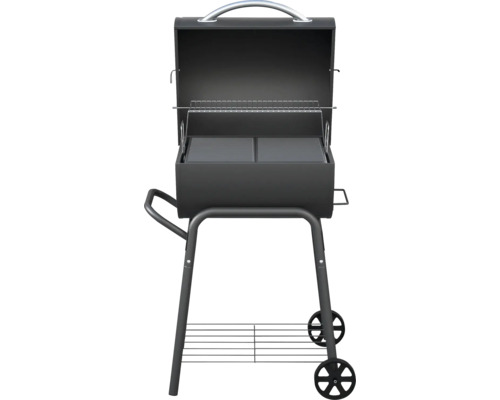 Otvorený gril na drevené uhlie s grilovacím roštom a kolieskami