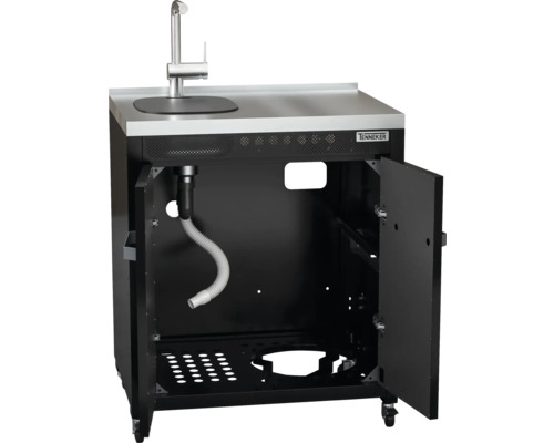 Umývací stôl s umývadlom a vodovodnou batériou, spodná skrinka s otvorenými dverami.