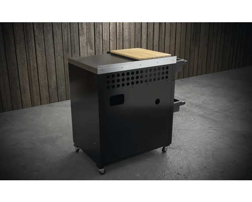 Čierny grilovací stôl s nerezovou doskou a drevenou doskou na krájanie