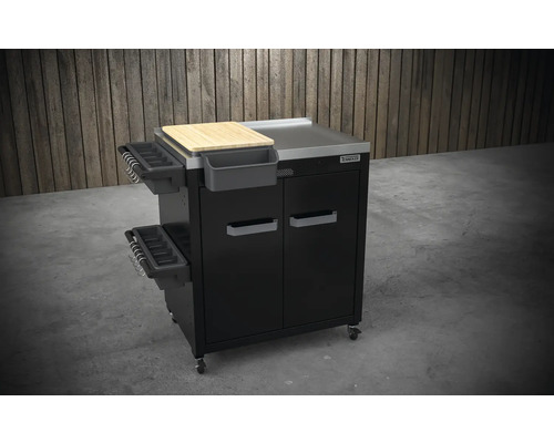 Grilovací vozík s krájacou doskou, úložnými priehradkami a kolieskami