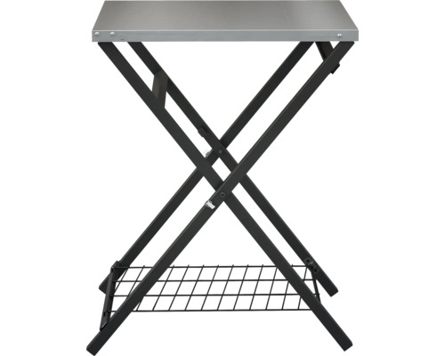 Skladací stolík s kovovou doskou a úložnou mriežkou