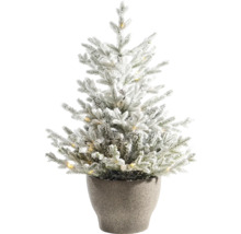 Snehom pokrytý umelý vianočný stromček v kvetináči