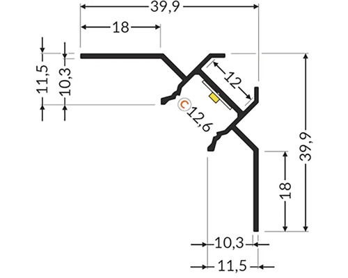 Technický nákres rohového profilu s rozmermi