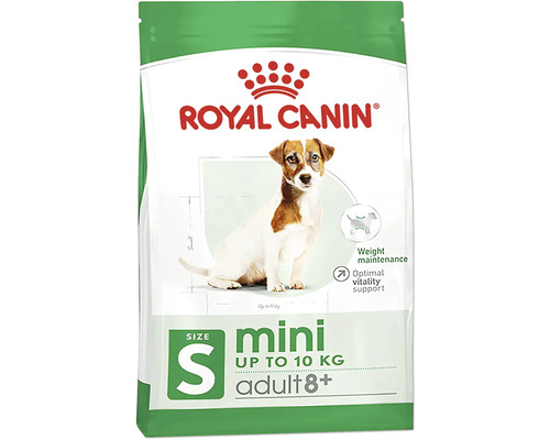Granule pre psov Royal Canin Mini Adult 8 kg Logo Royal Canin. Balenie suchého krmiva pre psov Mini Adult 8+ pre malé psy do 10 kilogramov na udržanie hmotnosti a podporu vitality.