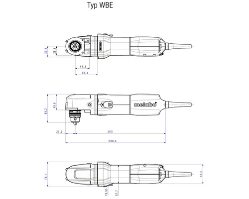 Rozmery uhlovej vŕtačky Metabo typ WBE