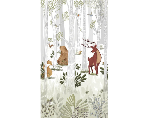 Ilustrácia lesa s rôznymi zvieratami, ako je medveď, jeleň a líška