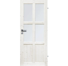 Biele drevené dvere so sklenenými výplňami a kľučkou