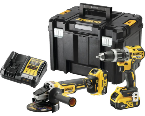 Aku sada náradia DeWalt 18V príklepová vŕtačka DCD796 a uhlová brúska DCG405, vrátane 2× aku 5Ah, nabíjačky a kufra