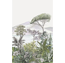 Ilustrácia bujnej tropickej vegetácie s horami v pozadí