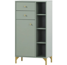 Sivá skriňa s tromi zásuvkami, dverami a tromi otvorenými policami