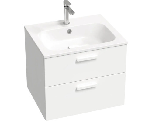 Biela skrinka pod umývadlo s dvoma zásuvkami a umývadlom na dosku a batériou