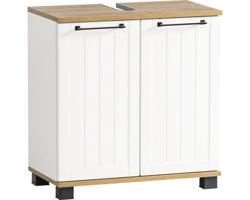 Skrinka pod umývadlo s dvomi dvierkami, bielymi čelami a drevenou doskou