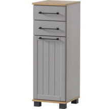 Sivá kúpeľňová skrinka s tromi zásuvkami a jednými dvierkami