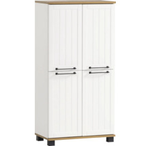 Biela viacúčelová skriňa so štyrmi dvierkami a čiernymi úchytmi