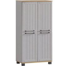 Sivá viacúčelová skriňa so štyrmi dvierkami a rúčkami