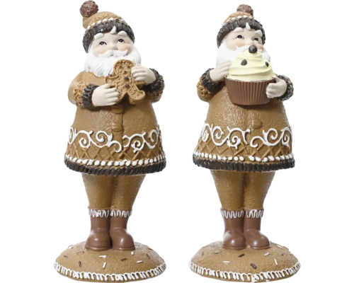 Santa polyresin Dve figúrky Santa Clausa z polyresinu držiace medovníkového mužíčka a muffin, ako slávnostná dekorácia