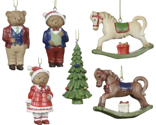 Figúrka polyresín Sada ozdôb na vianočný stromček s plyšovými medvedíkmi, vianočnými stromčekmi a hojdacími koňmi