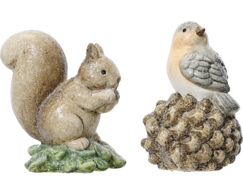 Dekoratívne figúrky zvierat: veverička a vták do interiéru