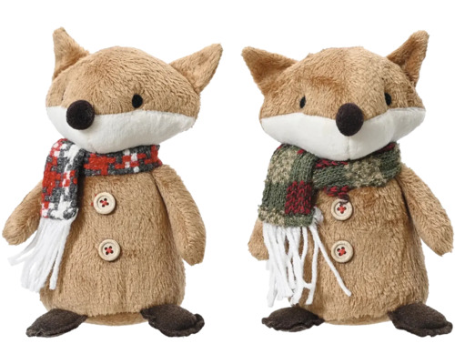 Dve plyšové líšky s gombíkmi a šálmi