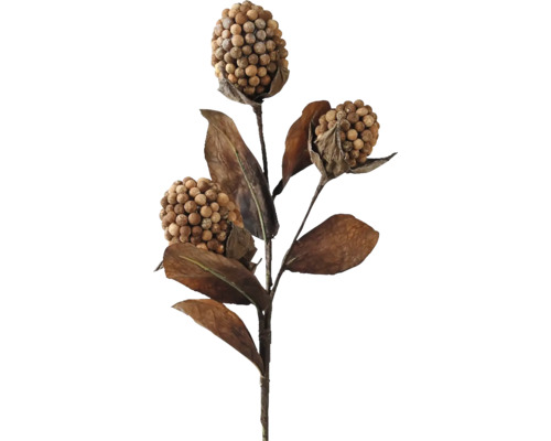 Vetvička penové bobule 27 x 8 x 75 cm hnedá Dekoratívna umelá rastlina s tromi guľovitými kvetmi a listami.
