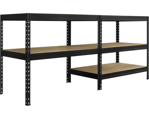 Čierny regál pre veľké zaťaženie s tromi úrovňami a drevenými policami
