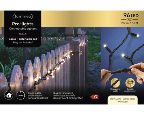 Svetelná reťaz s 96 LED diódami, dĺžka 9,5 metra, čierny kábel, rozširujúca sada, vhodné pre vonkajšie použitie