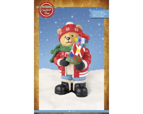 Dekoratívna figúrka Macko s darčekmi a zimným oblečením